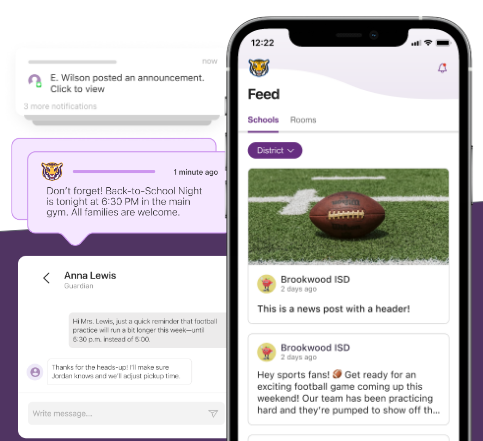 A phone screen displays a sports app with a football image, notifications, and posts from users.