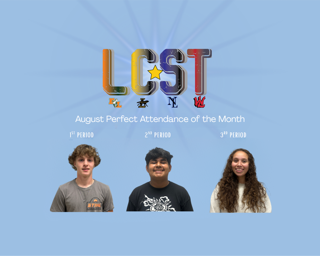 Three students, two boys and a girl, are in front of an announcement for August Perfect Attendance.