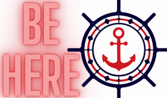 Logo with "BE HERE" text, a ship's wheel with a red anchor in the center.