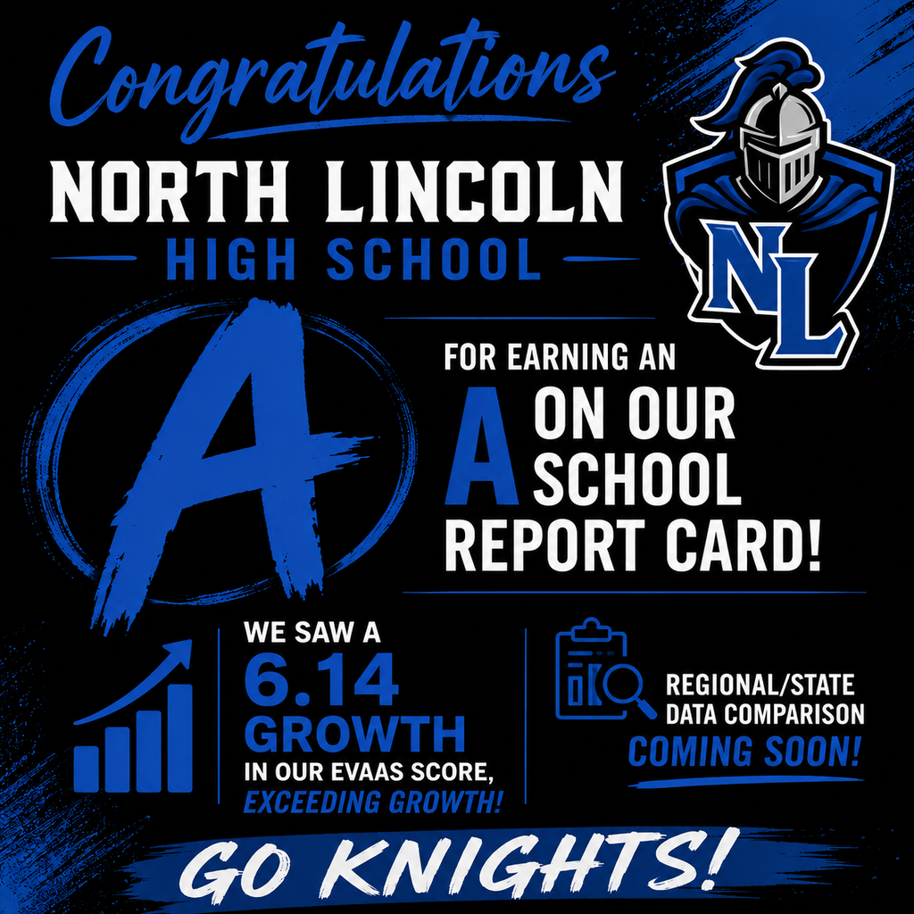 Blue-themed poster with school logo. Text reads: "Congratulations North Lincoln High School for earning an A on our school report card".