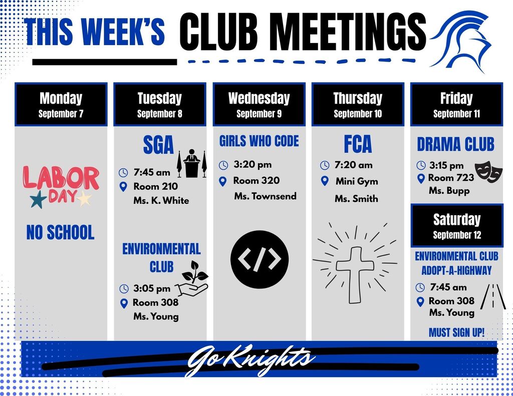 A weekly club meeting schedule features five days, each with a club logo, name, time, and location.