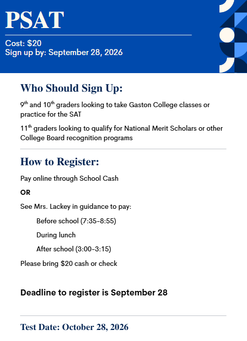 A flyer with blue and white colors. It contains information about the PSAT, including registration details and deadlines.