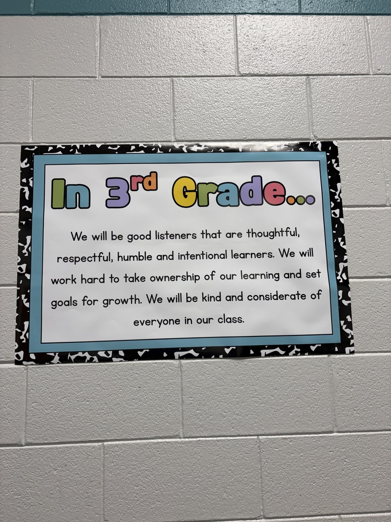 A classroom wall with a framed poster. The poster has blue, black, and white colors, and says "In 3rd Grade" in large letters.