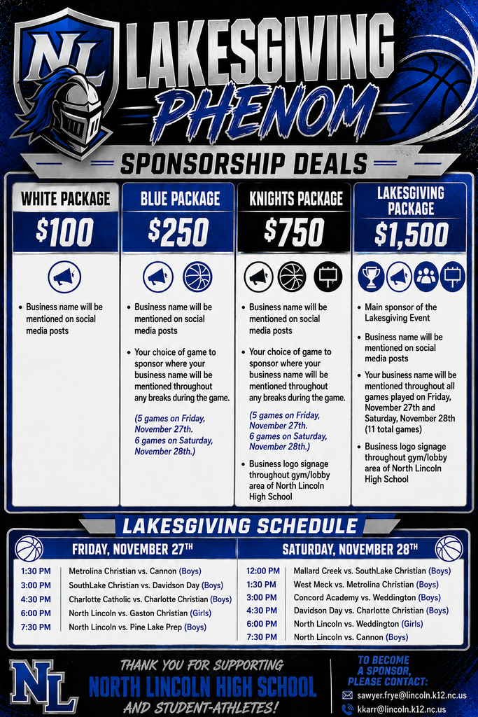 A flyer with a blue and white design. It contains "Lakesgiving Phenom Sponsorship Deals" and a schedule. Three sponsorship packages are listed: White Package at $100, Blue Package at $250, and Knights Package at $750.