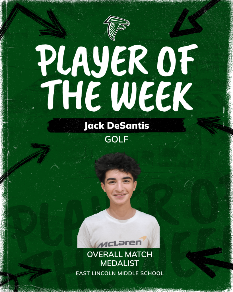 A green background displays "Player of the Week" with arrows pointing left and right. Jack DeSantis is featured with a smiling face and a white shirt.