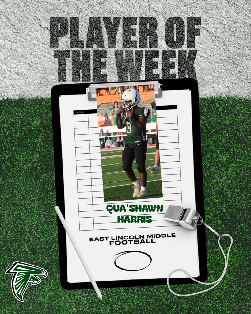 A sports card displays "Player of the Week" with Qua'shawn Harris's photo and details. It sits on a green field with a whistle and pen.