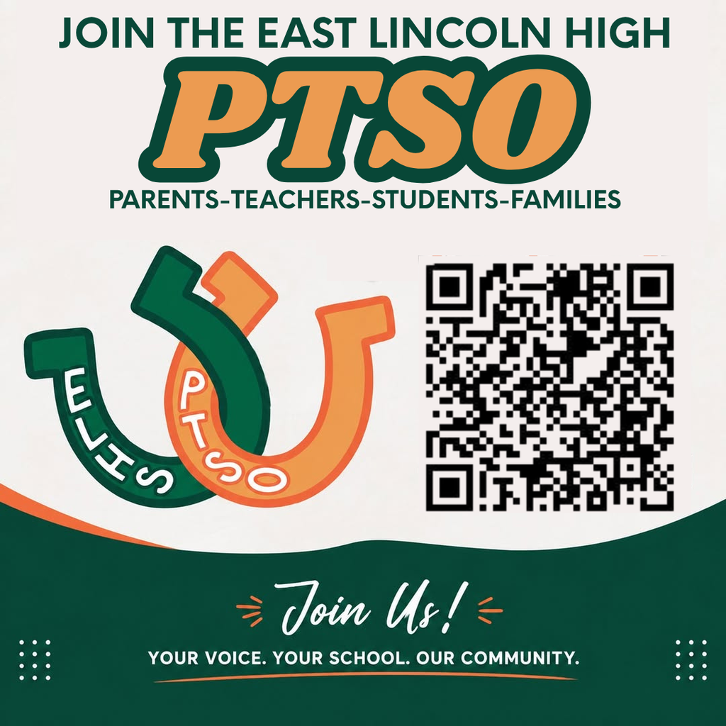 A poster invites community members to join the East Lincoln High PTO. It features the PTO logo, a QR code, and text.