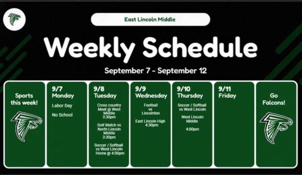 A green-themed schedule poster with a logo on the right. Dates span from September 7 to 12.
