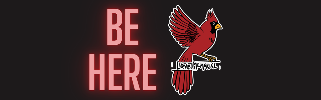 Red bird logo next to "Be Here" on black background. Bird has a red comb and spread wings.