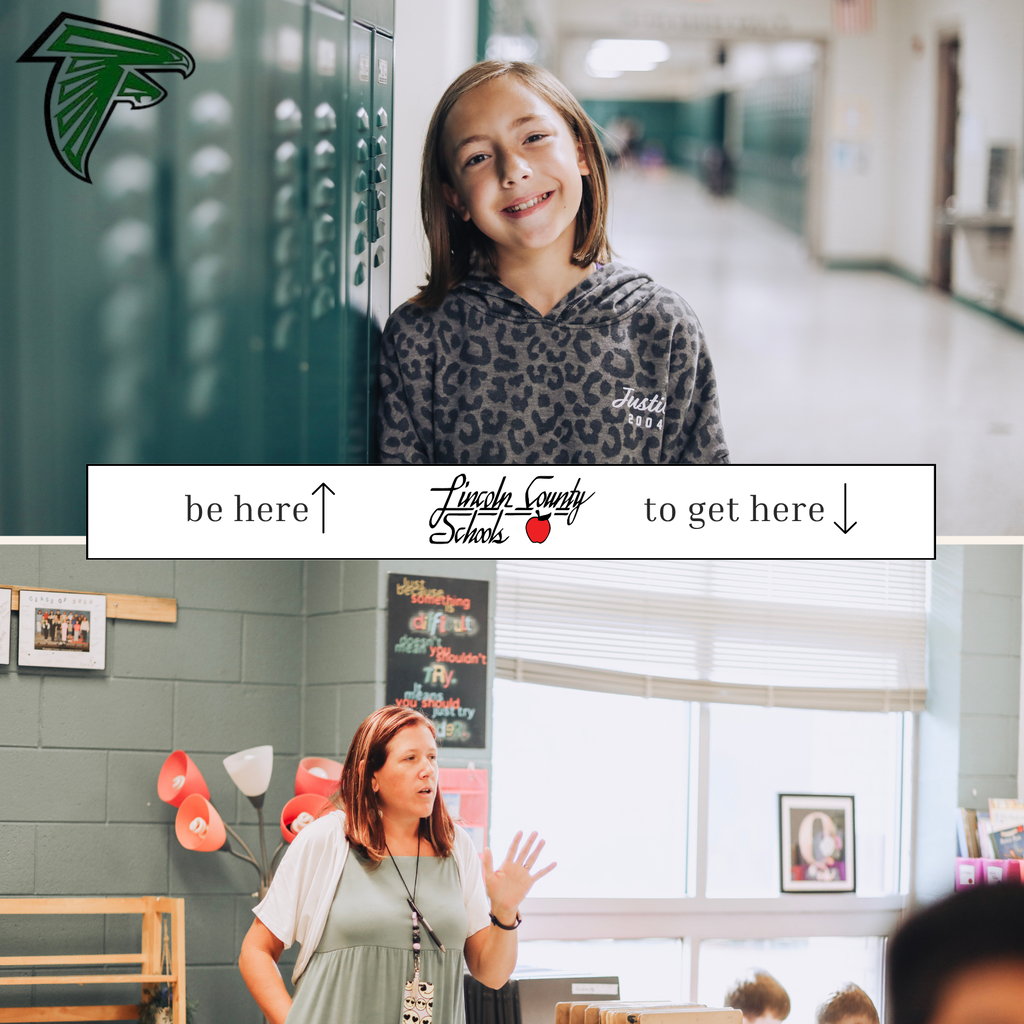 Two images: a girl in a hallway with lockers and an adult speaking in a classroom.