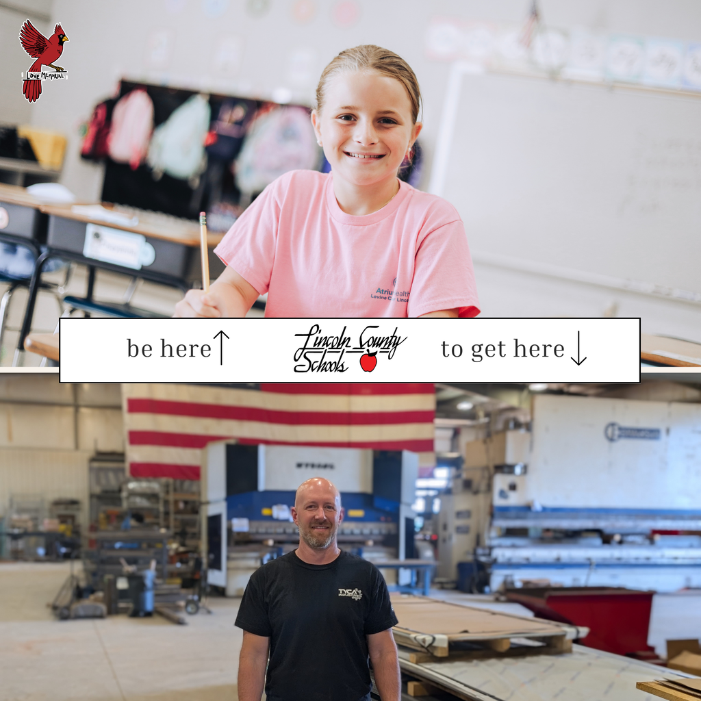 Two photos: one of a smiling girl in a pink shirt in a classroom, the other of a man in a black shirt in a factory.