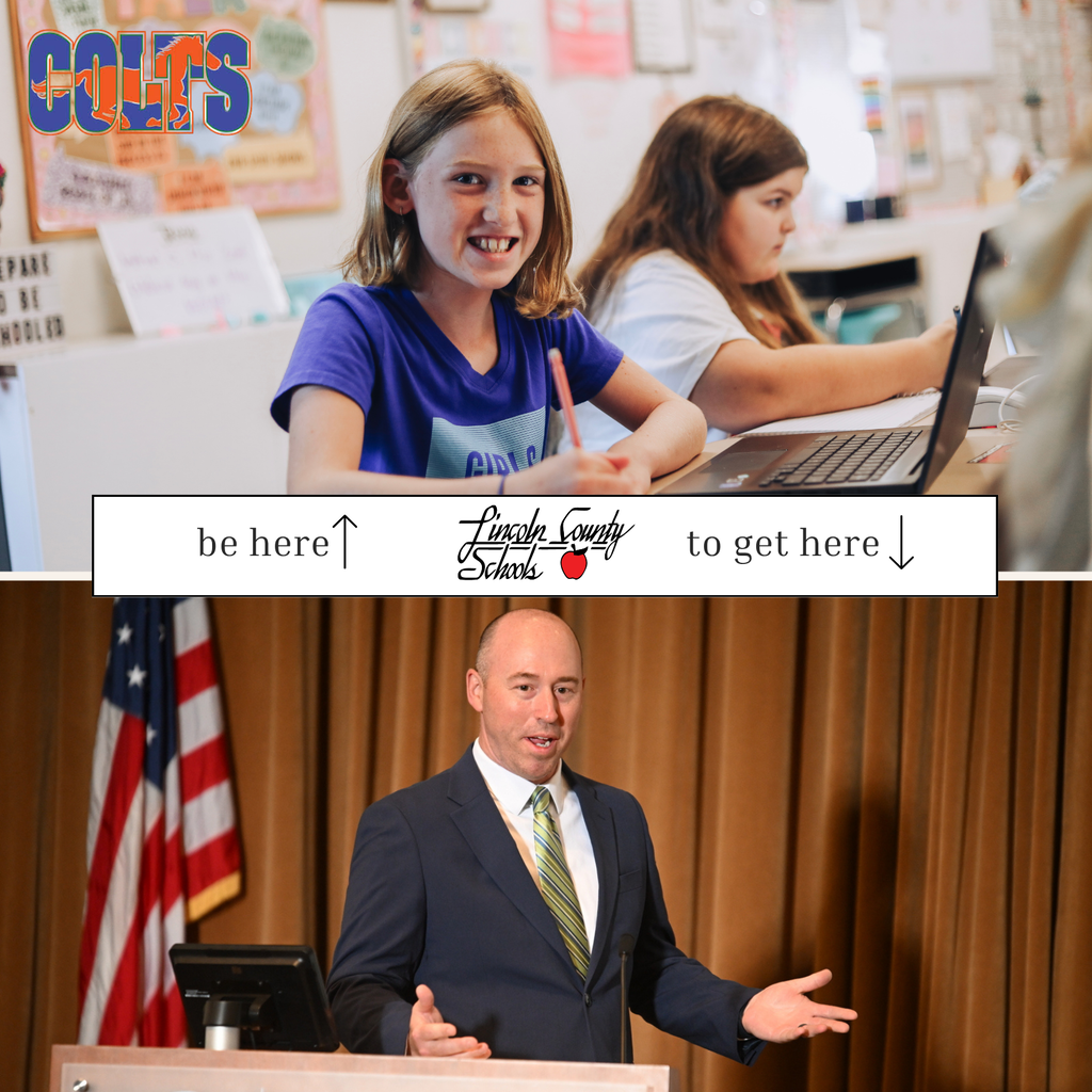 Two photos. One of two girls in a classroom. One of a man in a suit speaking at a podium.