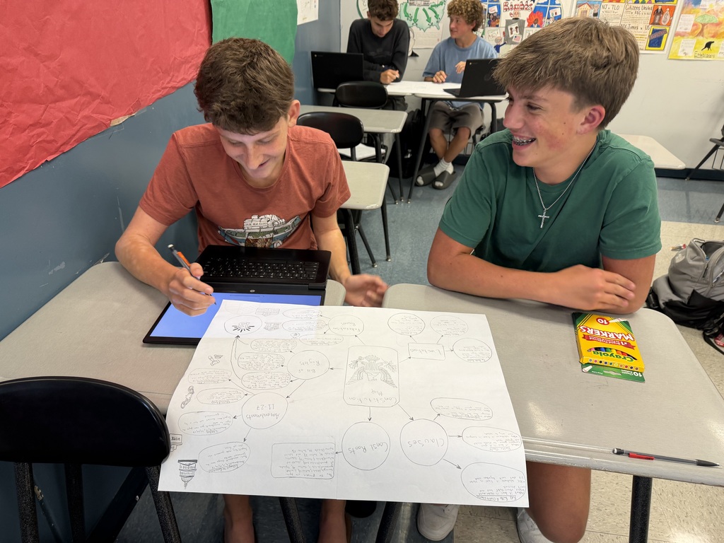 Two boys in a classroom setting, one typing on a laptop and the other looking at a map on paper.