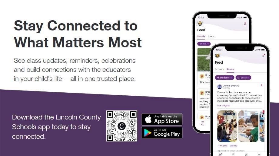 Two mobile phones displaying the Lincoln County Schools app. The top phone shows a feed. The bottom phone shows the app stores.