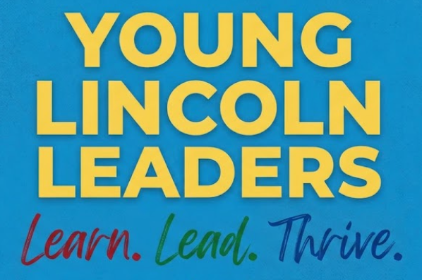 Blue background with yellow and white text reading "Young Lincoln Leaders" and below it, red, green, and blue text reading "Learn. Lead. Thrive."