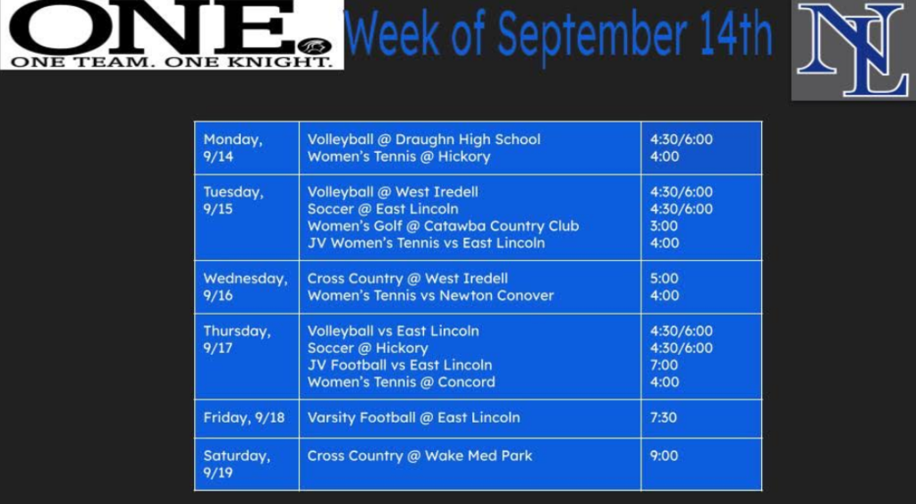 A blue and white schedule displays sports events from Monday to Saturday. Each day lists events with times.