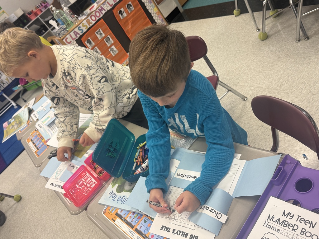 Studetns hard at work, identifying and drawing the setting of the story.