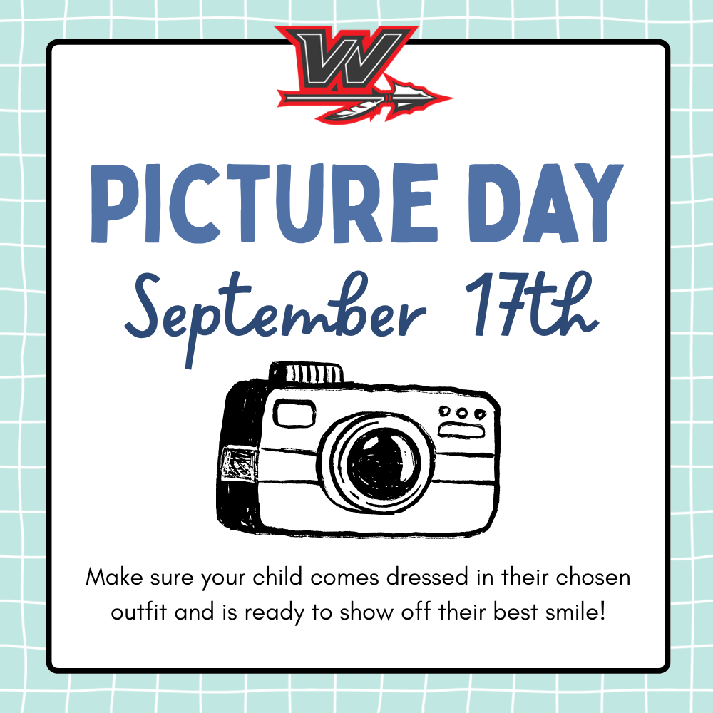 A poster has blue text with "PICTURE DAY September 17th" on it. An image of a camera is below the text.