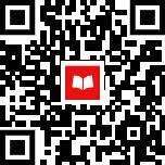 A black and white QR code displays a red square icon in the center, containing a stylized book.