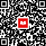 A square QR code displays a grid of black and white pixels. At its center is a red square containing an icon of an open book.