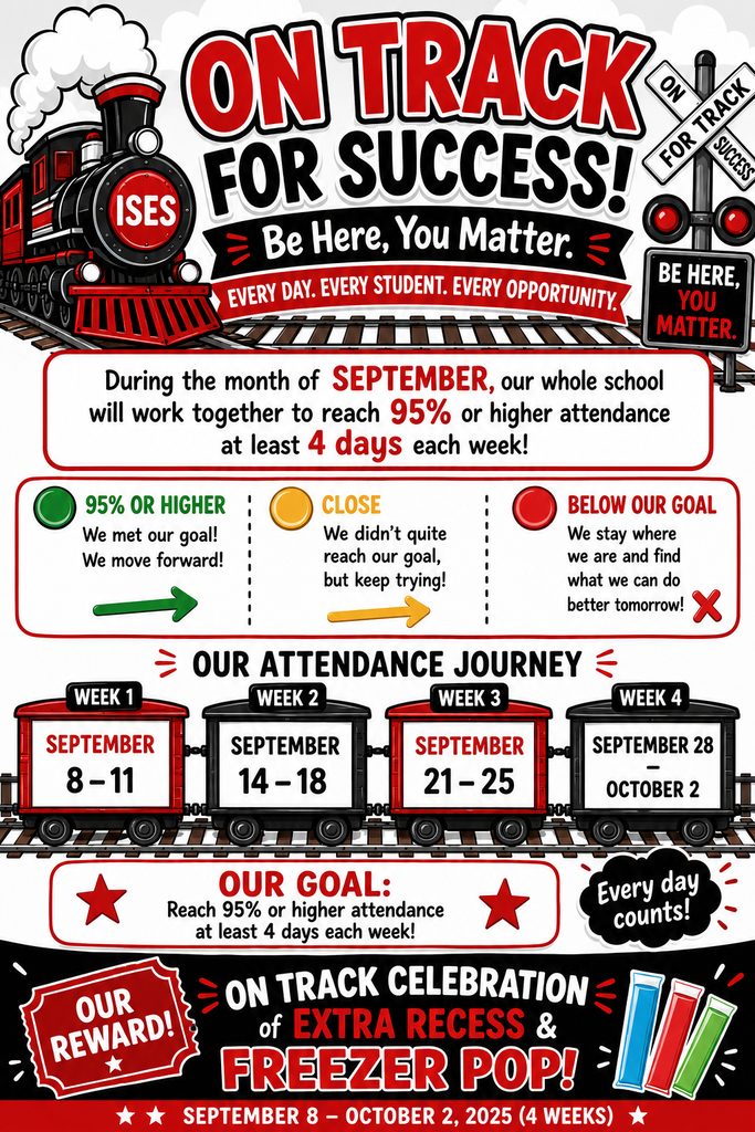Graphic with train visuals titled "On Track for Success" and a timeline from September 8 to October 2 with weekly goals for attendance.