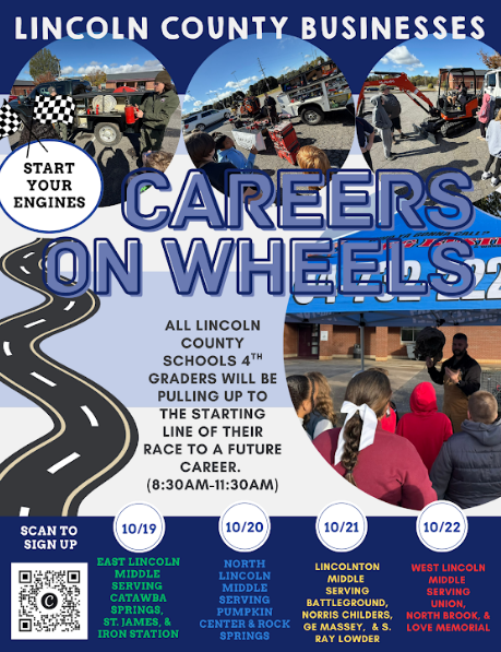 Advertisement for Careers on Wheels. Features a road, people, cars, and a QR code. Dates are 10/19-10/22.