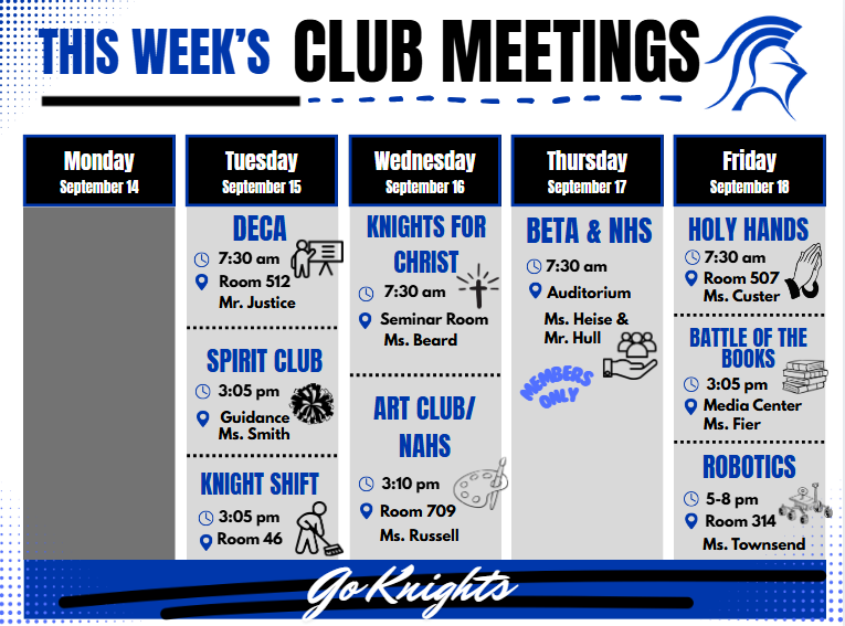 A schedule displays club meetings for five days, including names, meeting times, and room numbers for each.