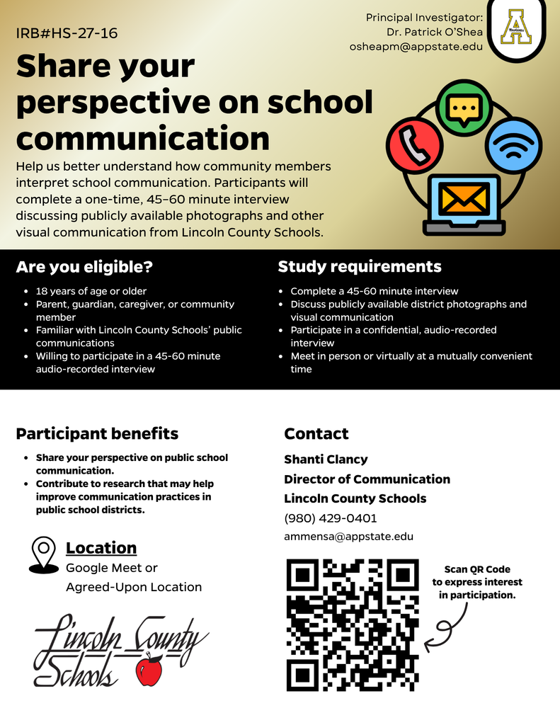 Document with headings for "Share your perspective on school communication" and "Contact." Contains text and icons, including a QR code.