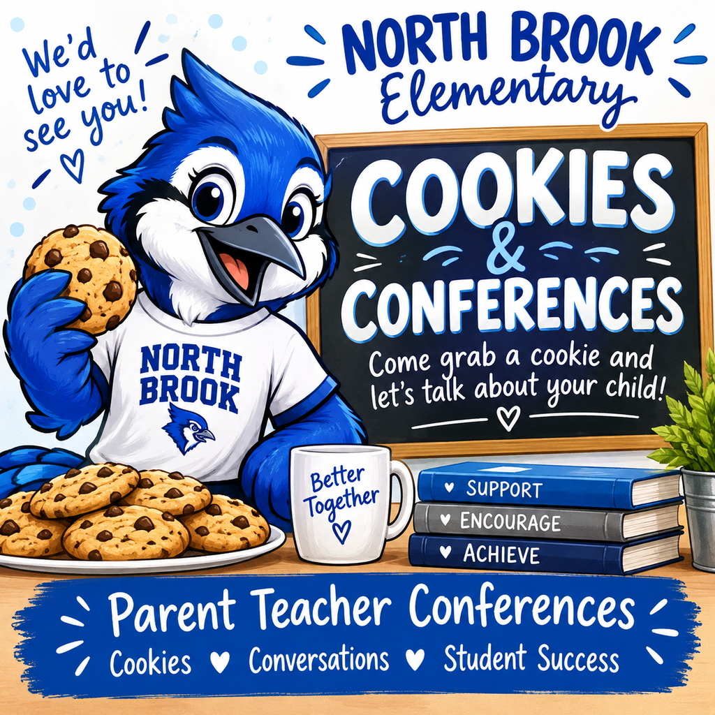 Cartoon mascot holding cookies, chalkboard with text, books, mug, and potted plant on table.