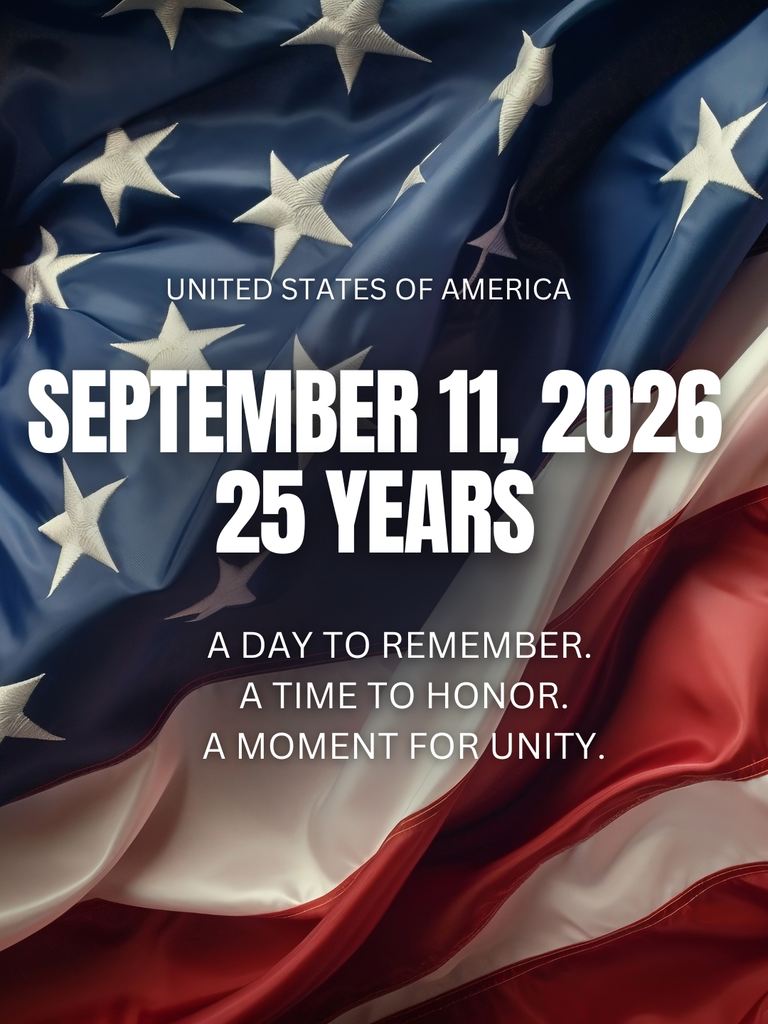 Wavy US flag with "September 11, 2026, 25 years" and text: "A day to remember. A time to honor. A moment for unity."