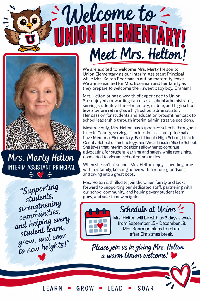 An informational graphic featuring Mrs. Marty Helton, Interim Assistant Principal, includes an image of her, an owl, and a calendar, along with welcoming text.