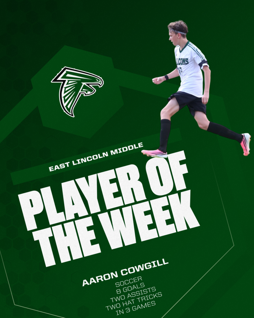 Green background with a logo, featuring a player in a white soccer jersey and black shorts. The text reads "Player of the Week" and lists Aaron Cowgill's soccer statistics.