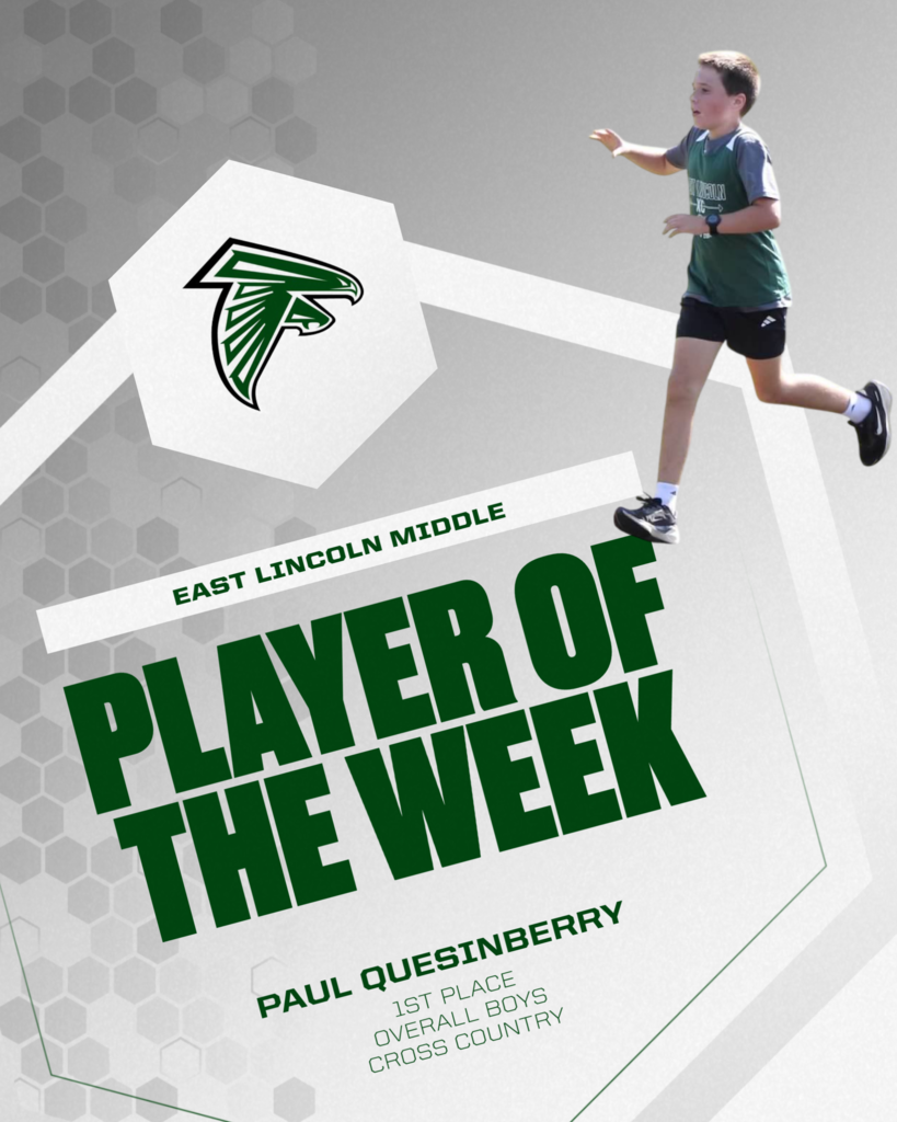 A runner in a green shirt and shorts, with "Player of the Week" text, a bird logo, and "East Lincoln Middle" written on a gray background.