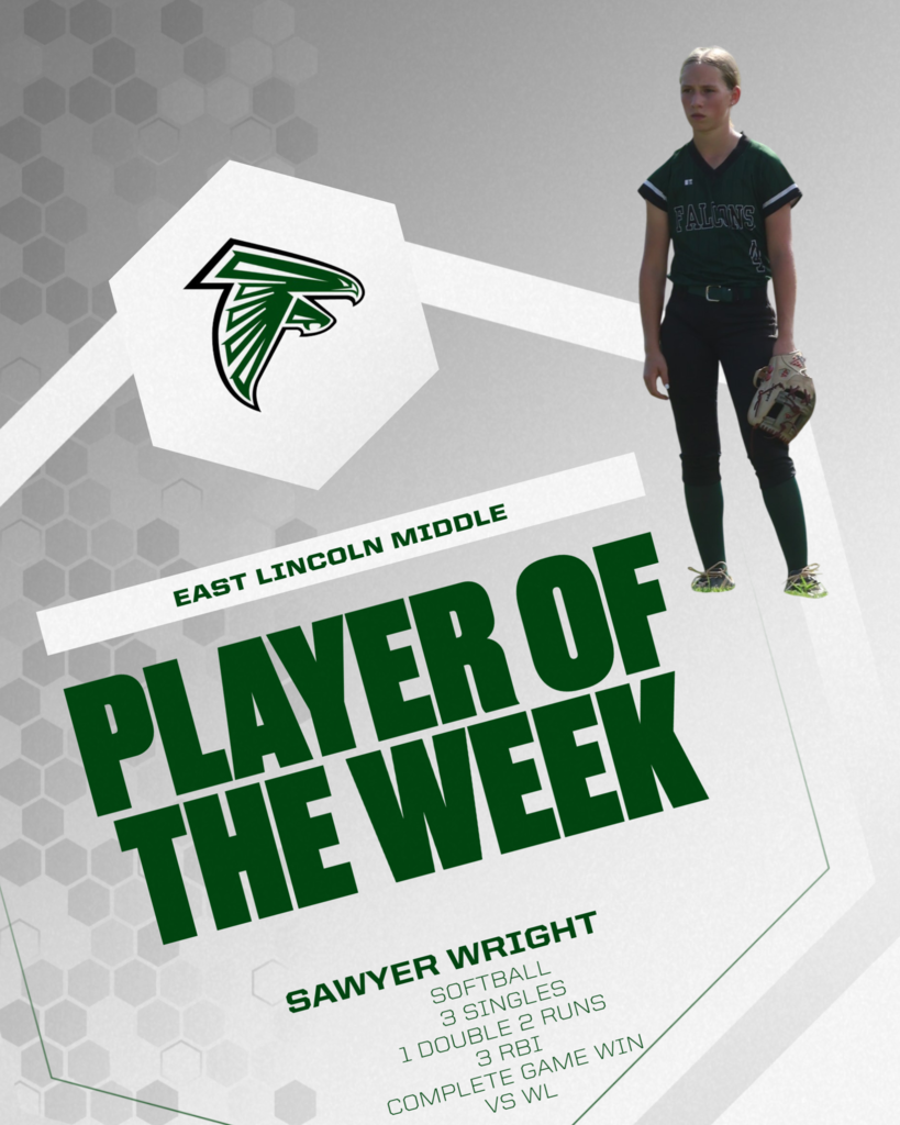 A poster with a green and white pattern features a person standing with a baseball glove. Text reads "PLAYER OF THE WEEK" and "SAWYER WRIGHT" below.