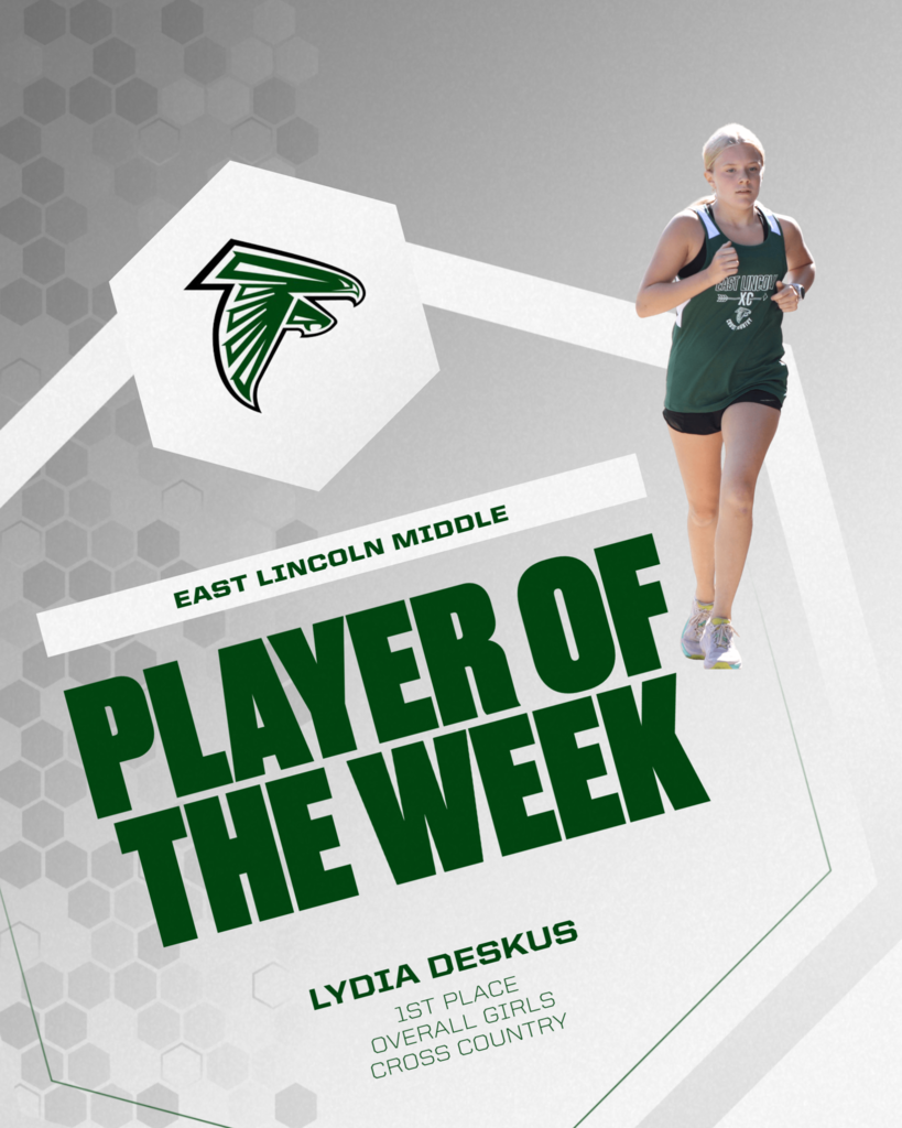 Runner Lydia Deskus, wearing green athletic gear, is featured in a poster highlighting her as "Player of the Week" for first place in the overall girls' cross country.