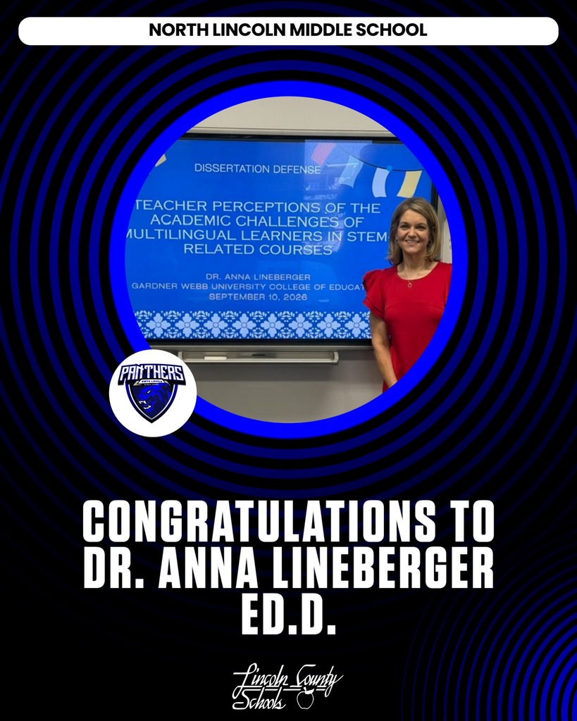 An adult female stands before a blue screen with a presentation slide. A celebration message reads "Congratulations to Dr. Anna Lineberger, Ed.D."