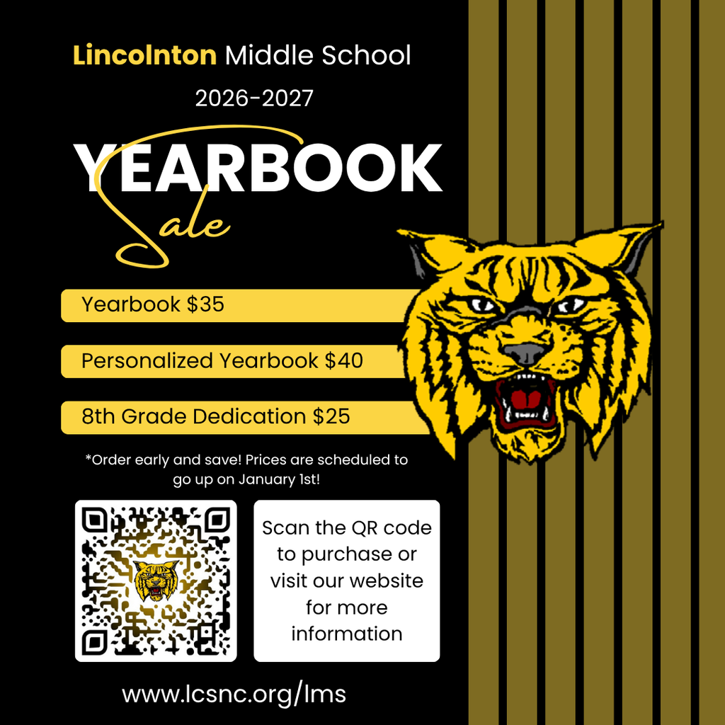 Poster for a yearbook sale at Lincolnton Middle School for the 2026-2027 school year. Prices listed.