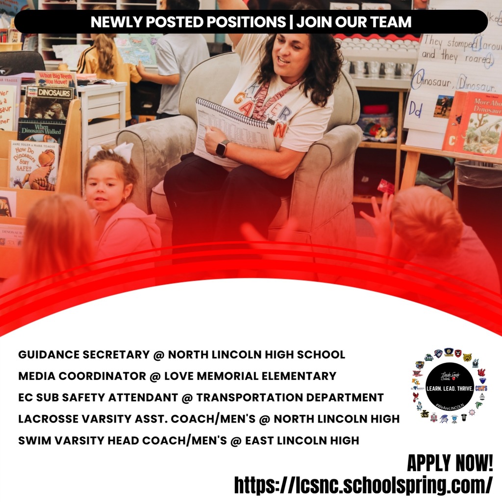 An advertisement shows a woman reading to children in a library. Positions available: Guidance Secretary, Media Coordinator, Safety Attendant, Coach, Head Coach. Apply now.