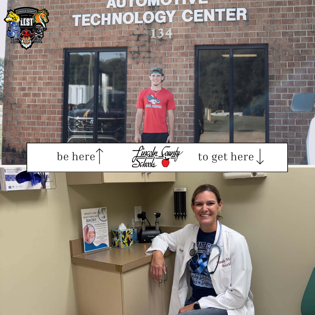 A collage with a person standing in front of an automotive technology center, and a person in a lab coat next to a desk.