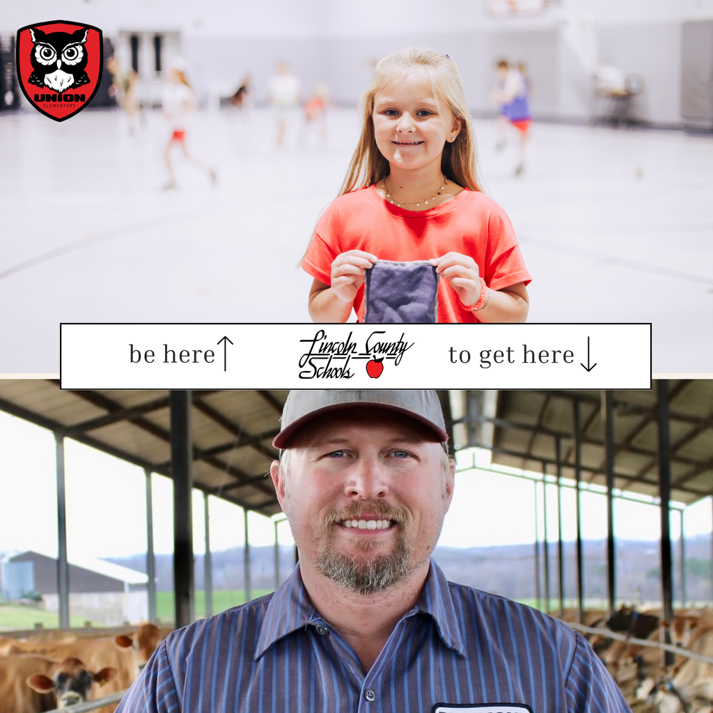 A girl in a gym with text "be here" above and "to get here" below. Man in a striped shirt in a barn with cows.