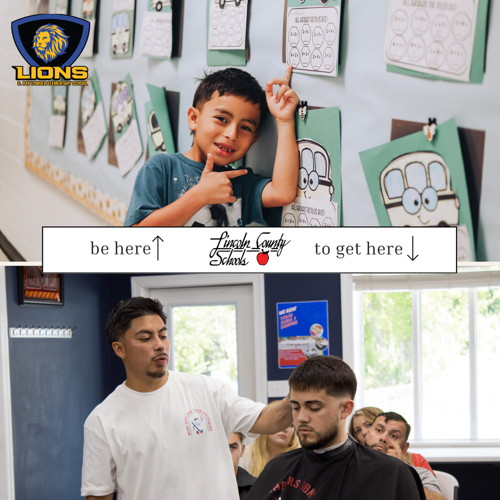 Two images: one of a boy pointing at a bulletin board, the other of a man getting a haircut.