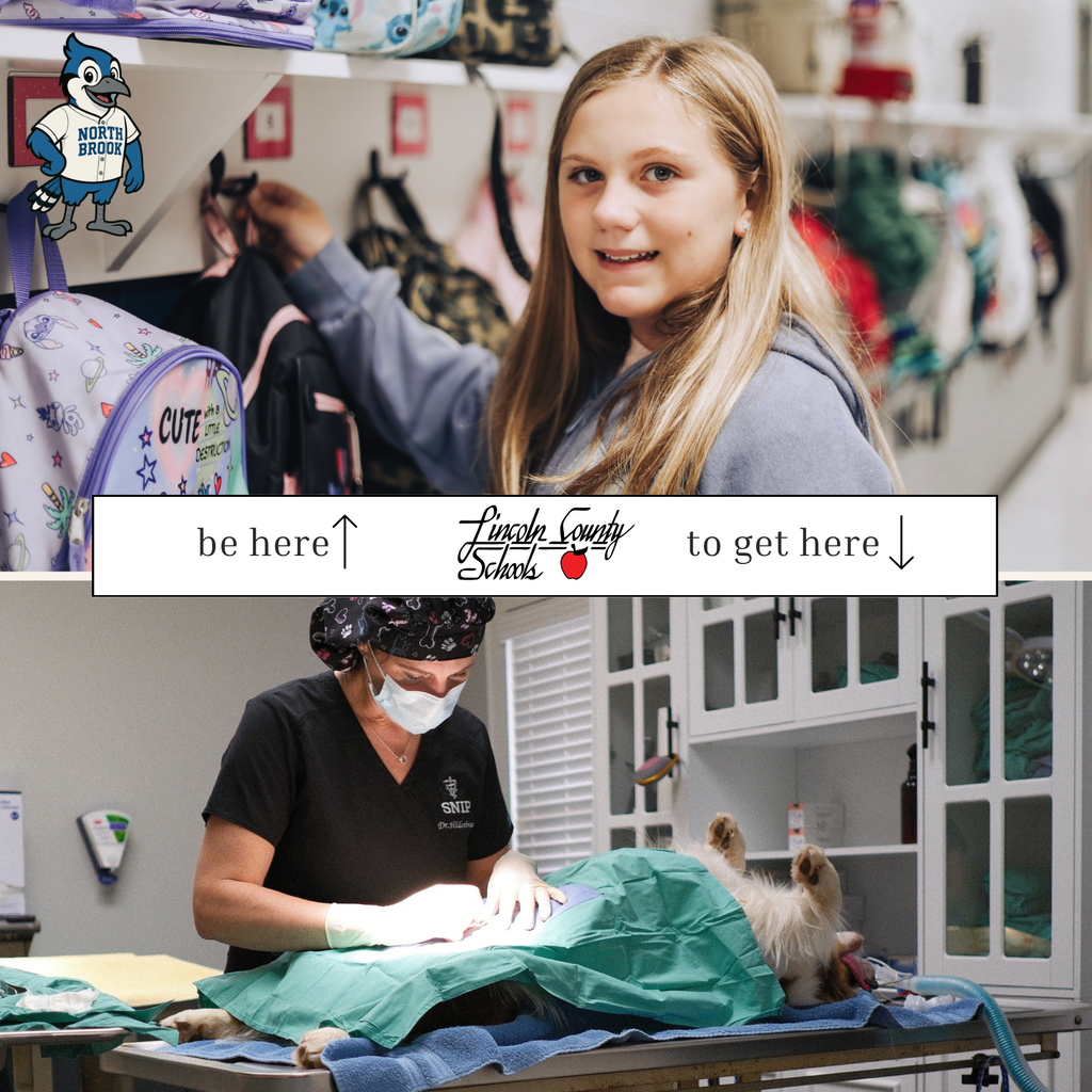 Two photos: one with a smiling girl in a room with bags, and another with a person in a mask and gloves working on an animal.
