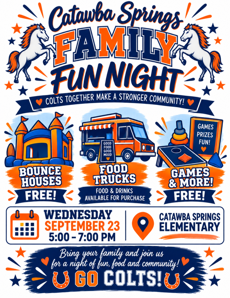 A poster for the Catawba Springs Family Fun Night. Features bounce houses, food trucks, and games. Location and date are displayed.