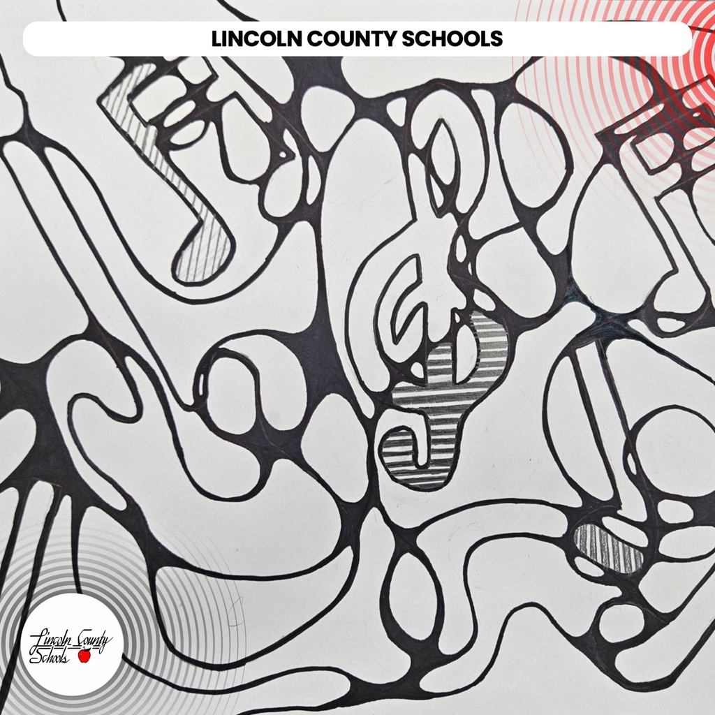 An abstract design with geometric shapes and lines in black, white, and red. The text "Lincoln County Schools" is at the top.