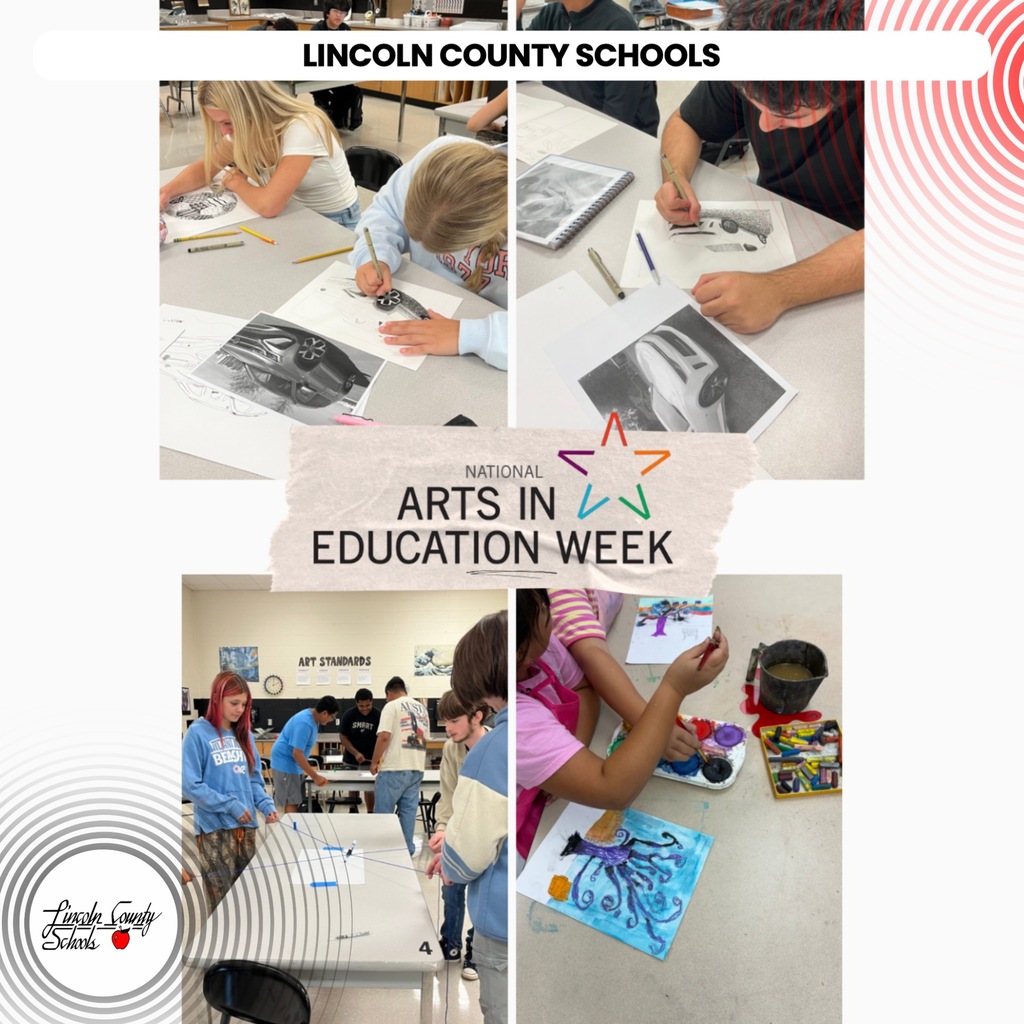 A collage of four images of Lincoln County Schools students. Each image shows students engaging in art activities.
