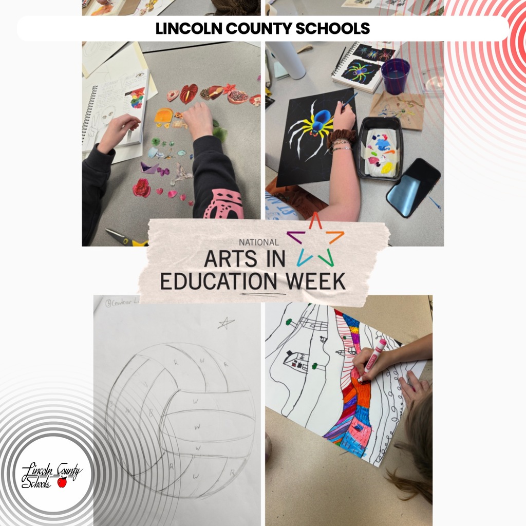 Collage of three photos showing students creating art in a classroom. Text reads "National Arts in Education Week."
