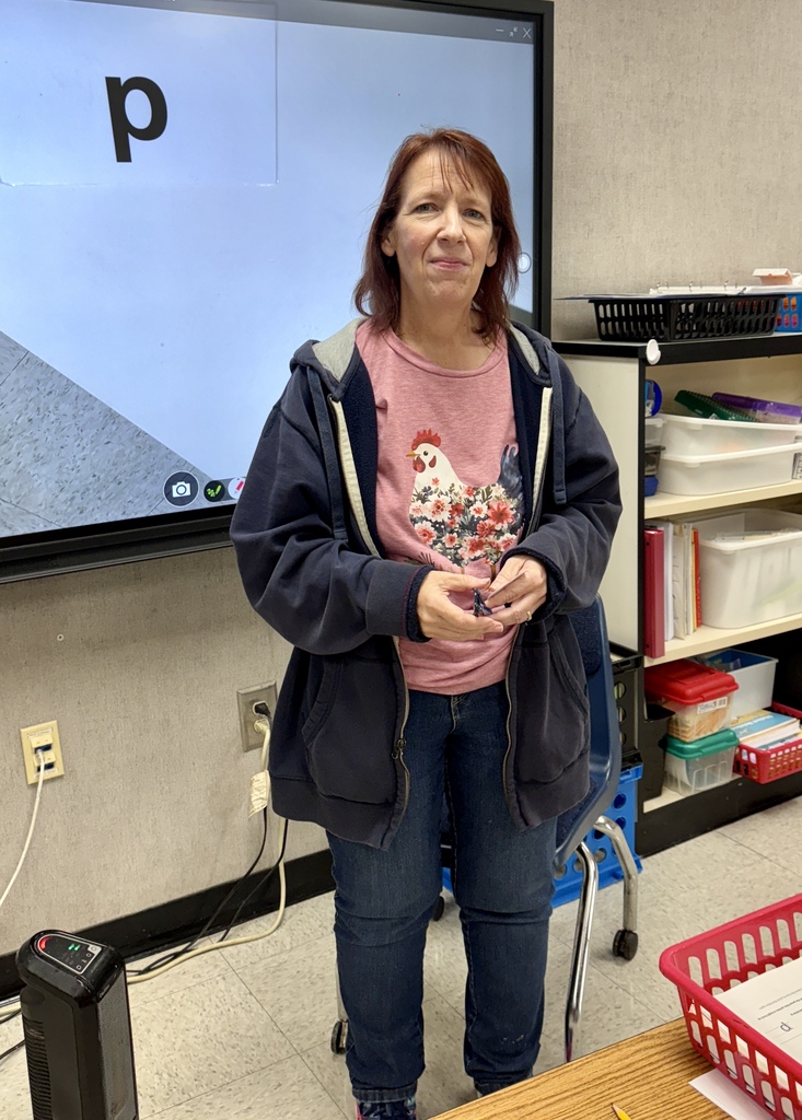 A woman stands in front of a classroom whiteboard displaying the letter P. She wears a pink shirt with a chicken graphic.