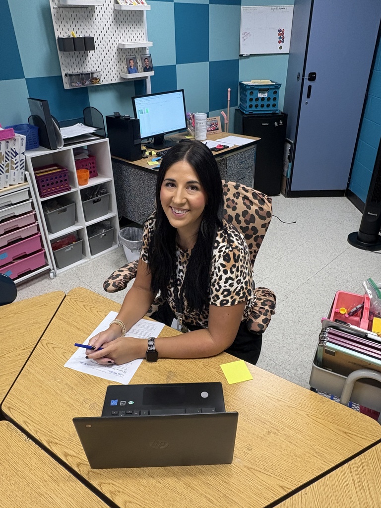 Woman at a desk with a laptop, pen, and papers. She is wearing a leopard print top.