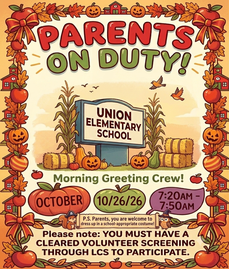 A poster for a Parents on Duty event at Union Elementary School on October 26. The poster features pumpkins and a school sign.