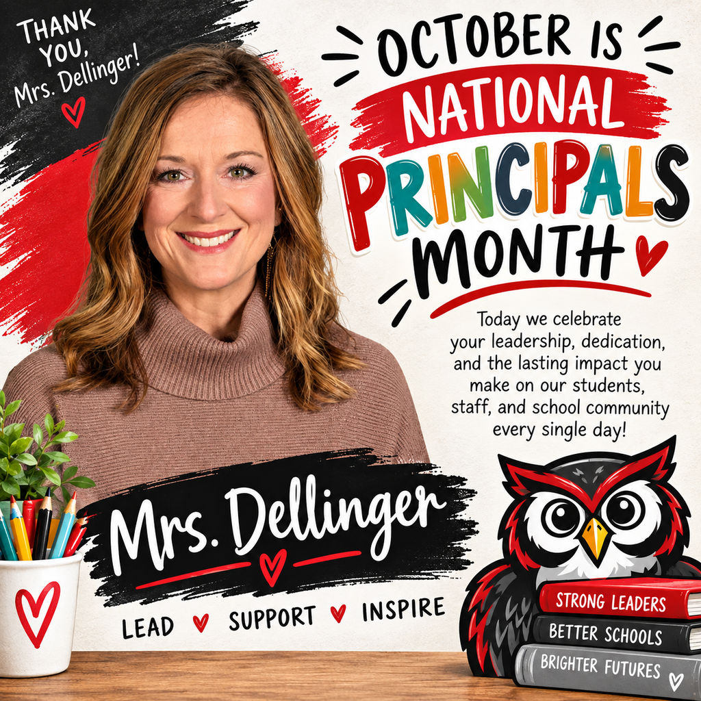 An adult woman with a smile, wearing a brown turtleneck, stands near a potted plant and pencils. Background: National Principals Month.